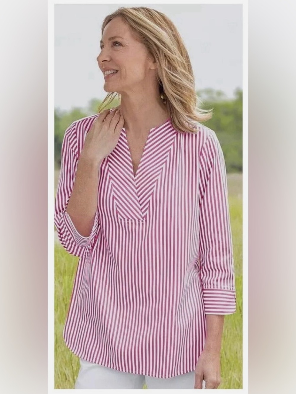 Foxcroft Pink & White Striped Split-Neck Tunic size:14